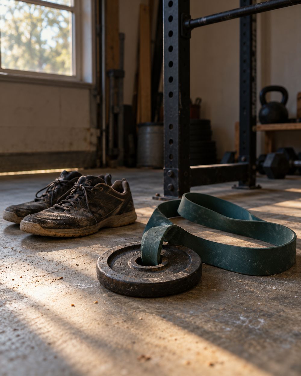 Worn training shoes beside a weight plate with a green resistance band looped through it, in low sun on a garage floor, a squat rack behind.