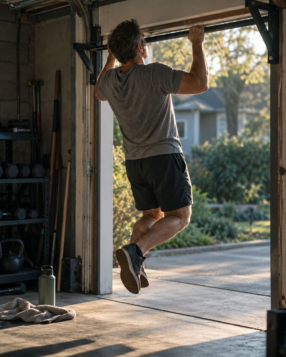 A man in a grey t-shirt halfway through a pull-up on a bar in an open garage door, early sun, a driveway and trees behind him.