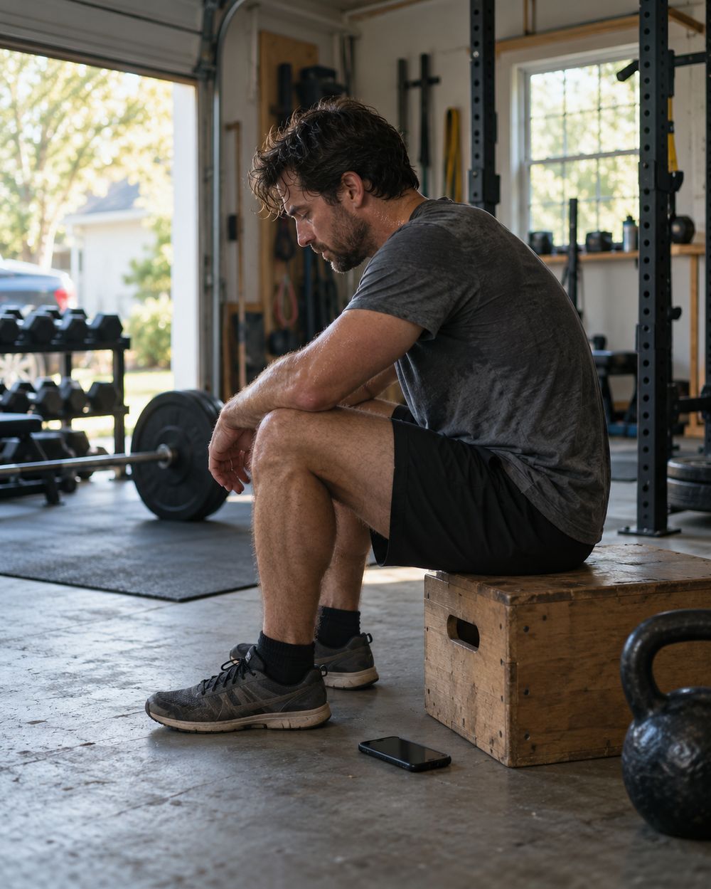 A man sitting on a wooden box in a home gym between sets, head down, shirt dark with sweat, his phone on the floor beside him.